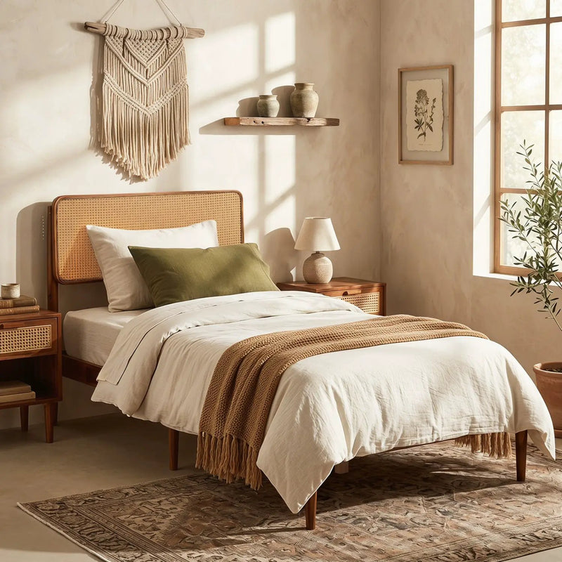 Queen Rattan Headboard Bed Frame with Wood Slat Support by DirectDeals