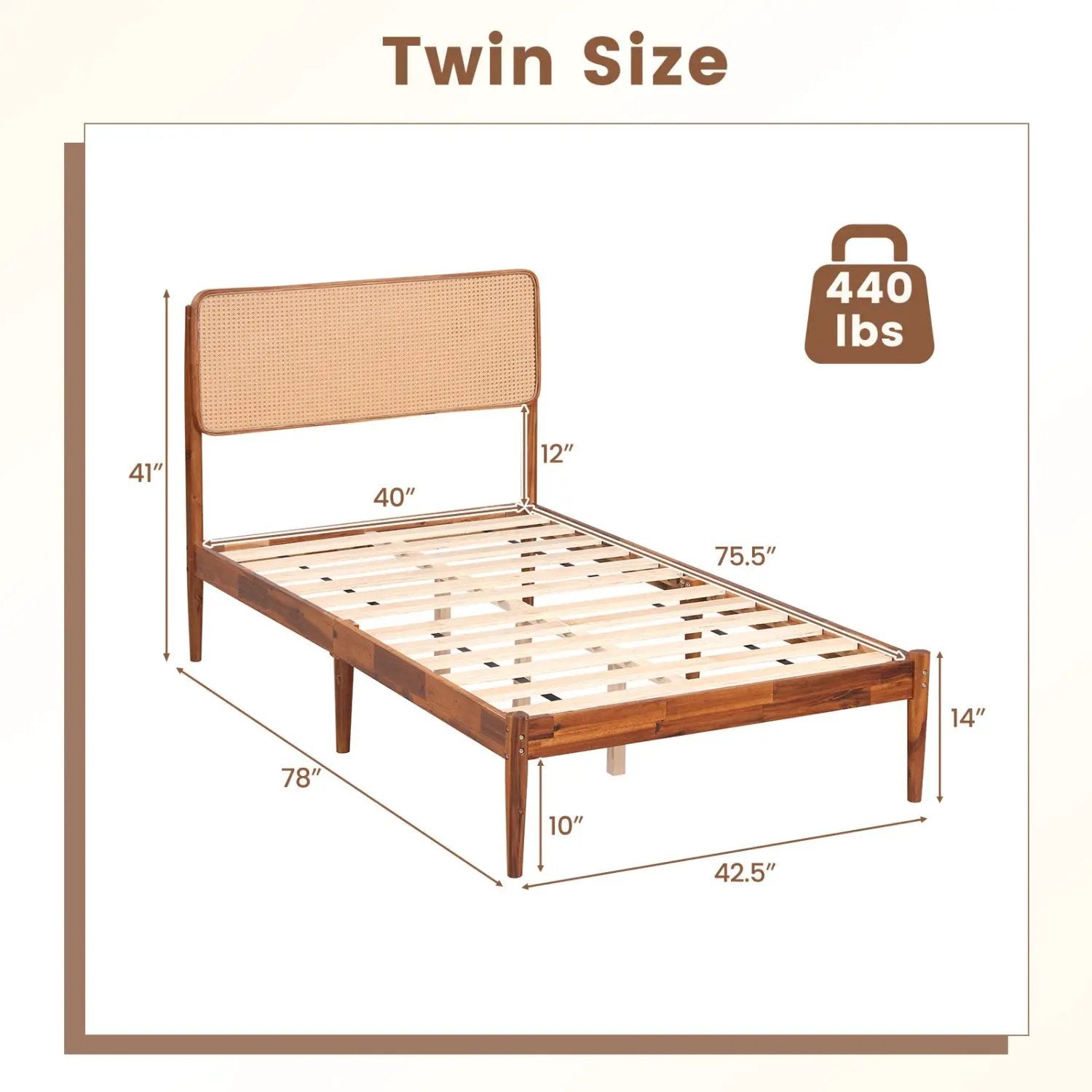 Queen Rattan Headboard Bed Frame with Wood Slat Support by DirectDeals