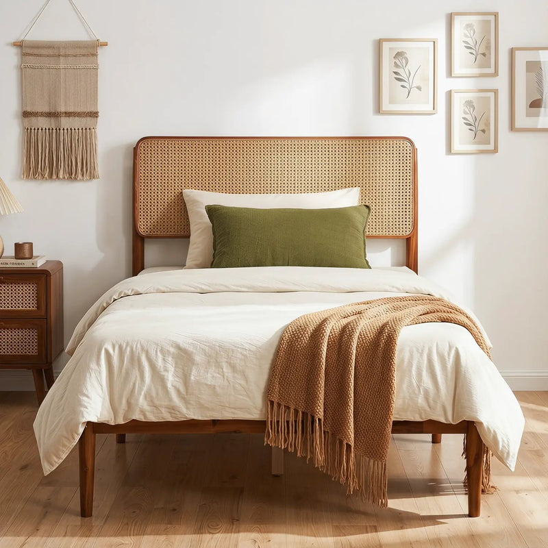 Queen Rattan Headboard Bed Frame with Wood Slat Support by DirectDeals