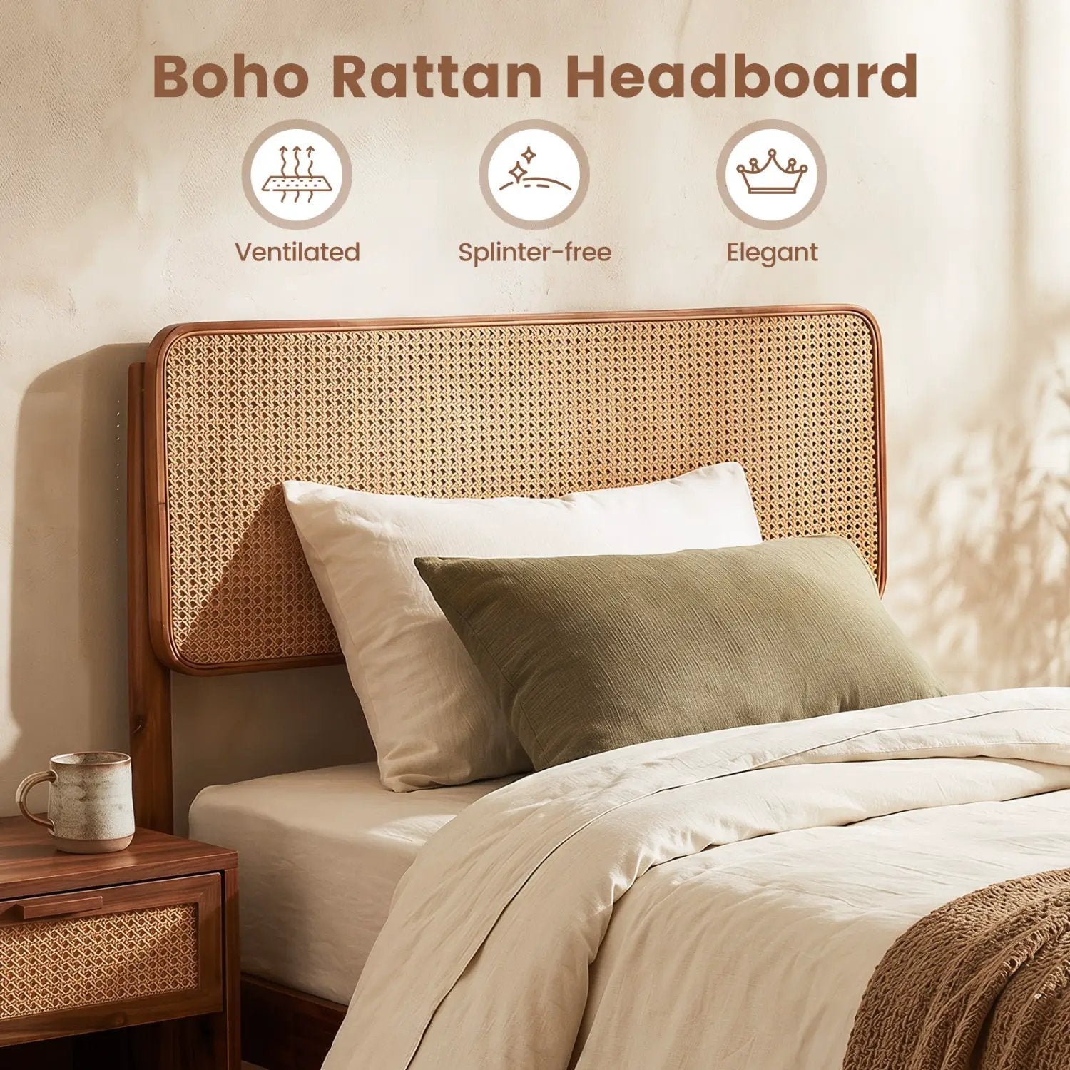 Queen Rattan Headboard Bed Frame with Wood Slat Support by DirectDeals