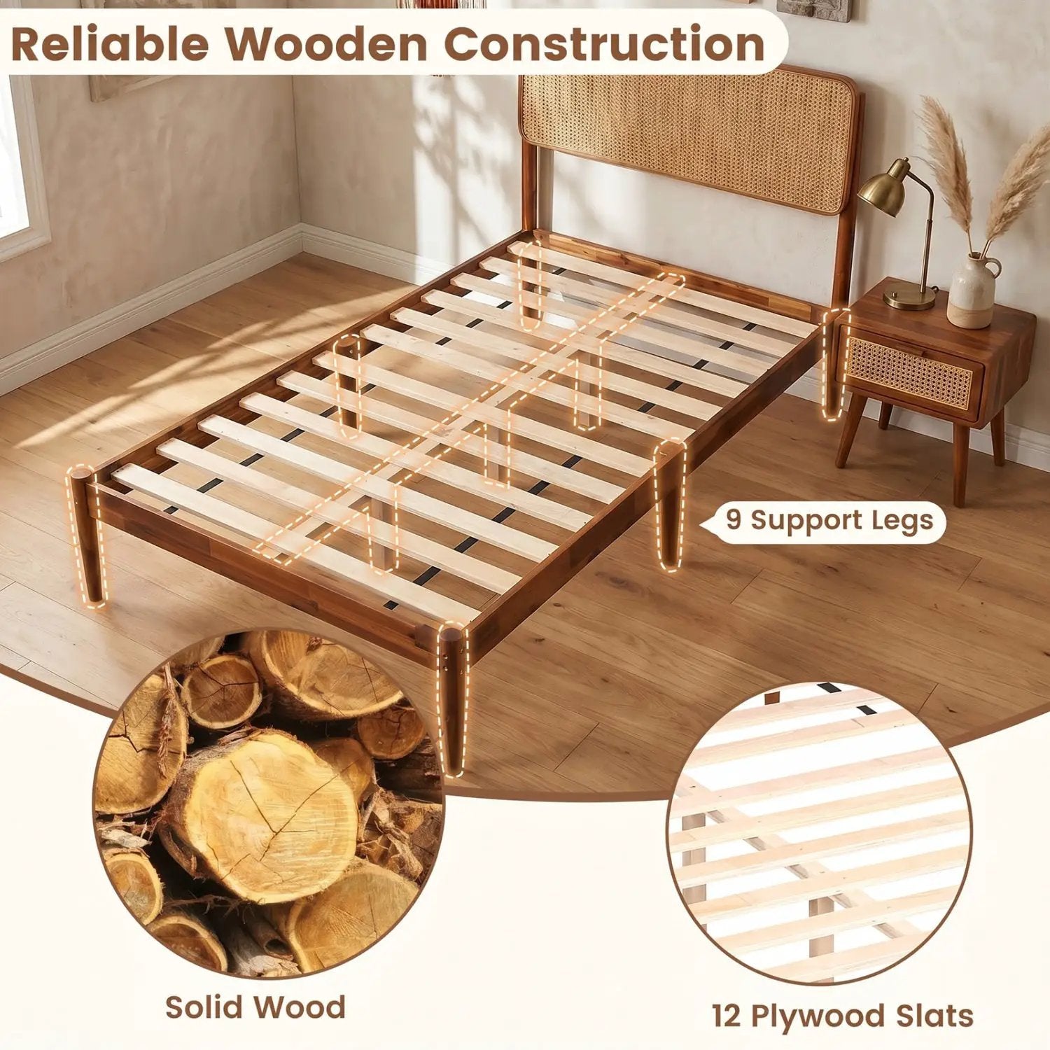 Queen Rattan Headboard Bed Frame with Wood Slat Support by DirectDeals