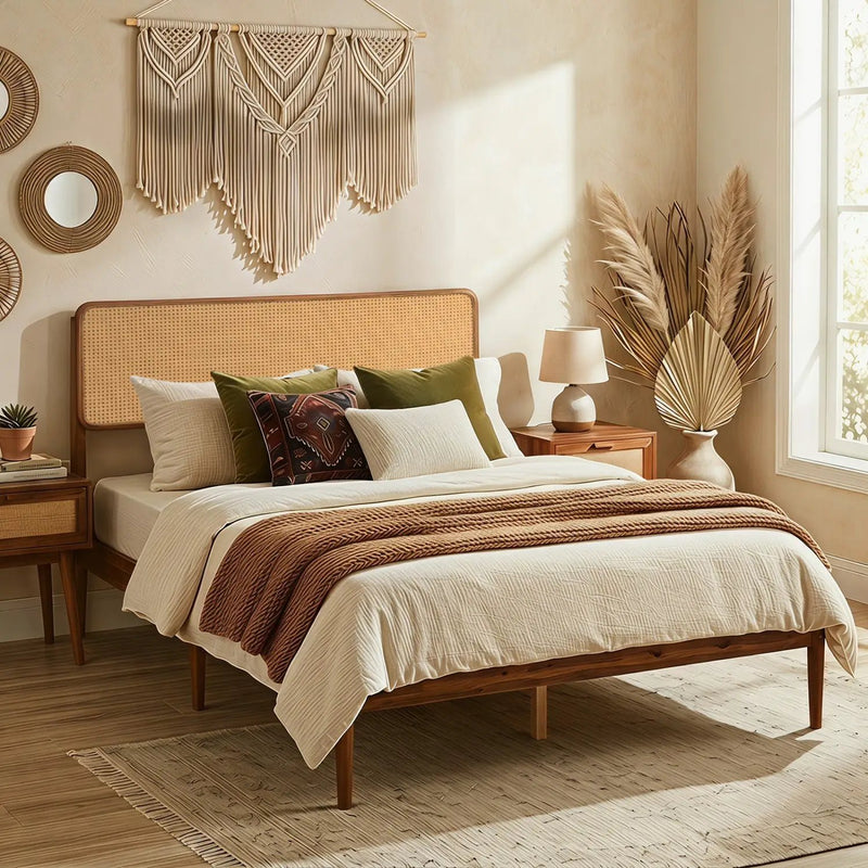 Queen Rattan Headboard Bed Frame with Wood Slat Support by DirectDeals
