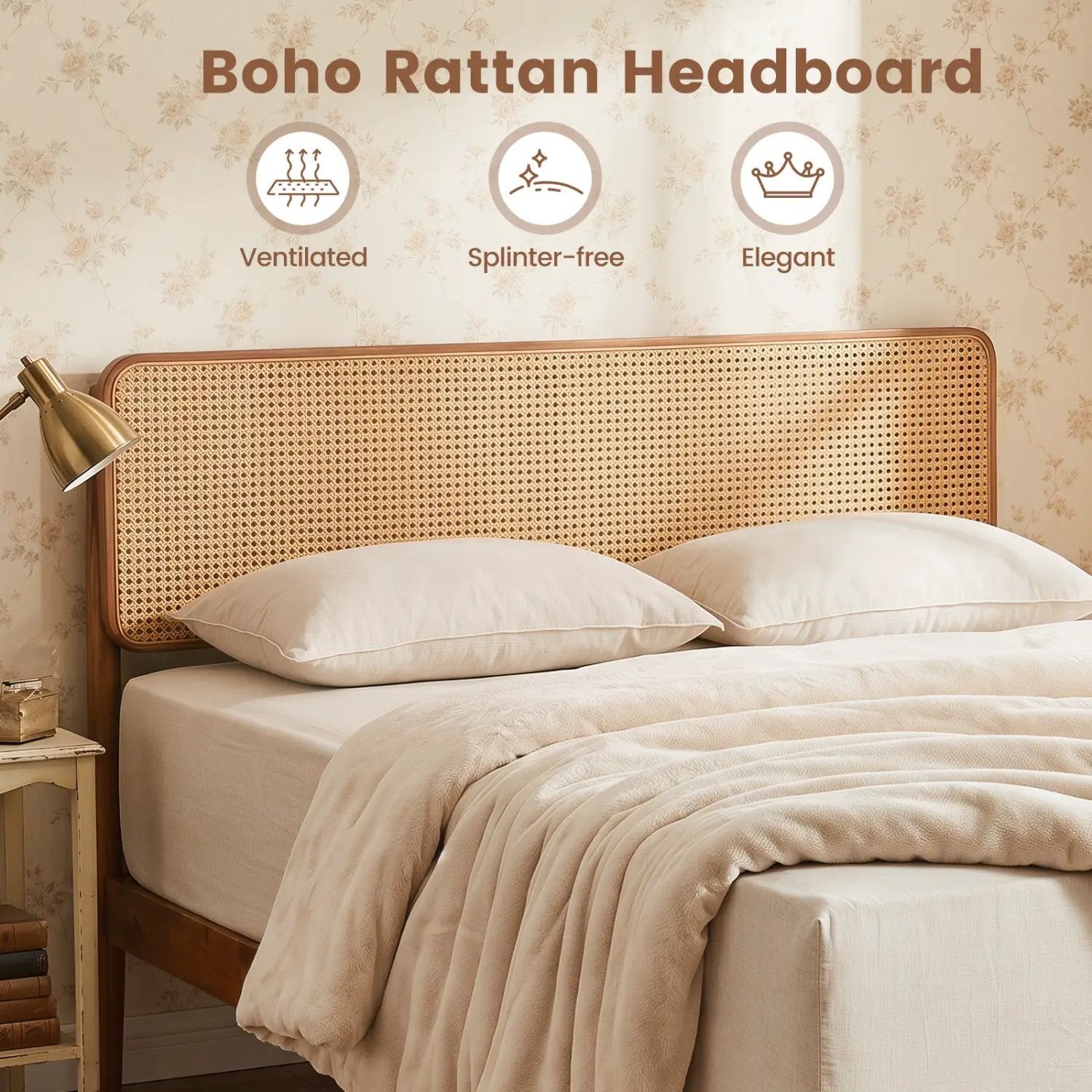 Queen Rattan Headboard Bed Frame with Wood Slat Support by DirectDeals