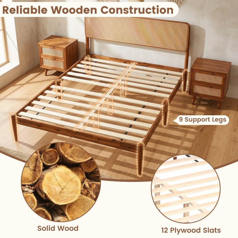 Queen Rattan Headboard Bed Frame with Wood Slat Support by DirectDeals