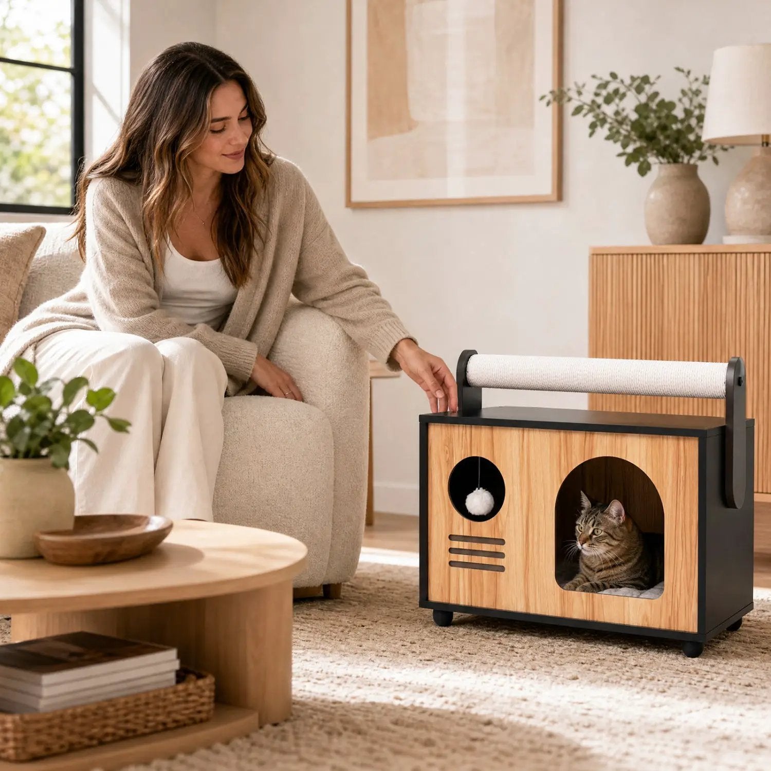 Wooden Cat House with Scratching Post and Cushion by DirectDeals
