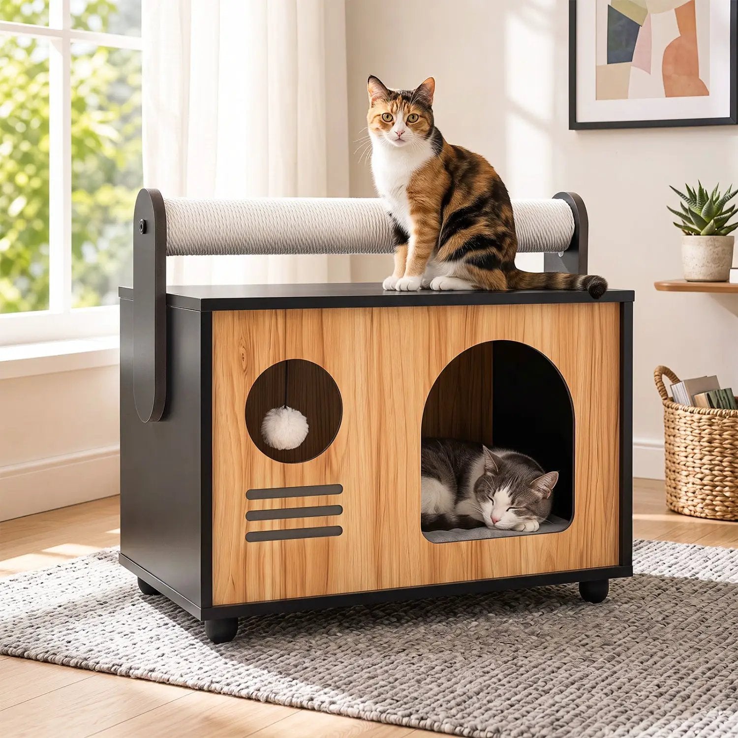 Wooden Cat House with Scratching Post and Cushion by DirectDeals