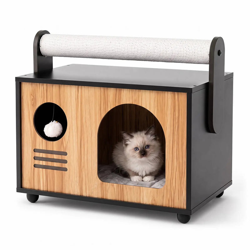 Wooden Cat House with Scratching Post and Cushion by DirectDeals