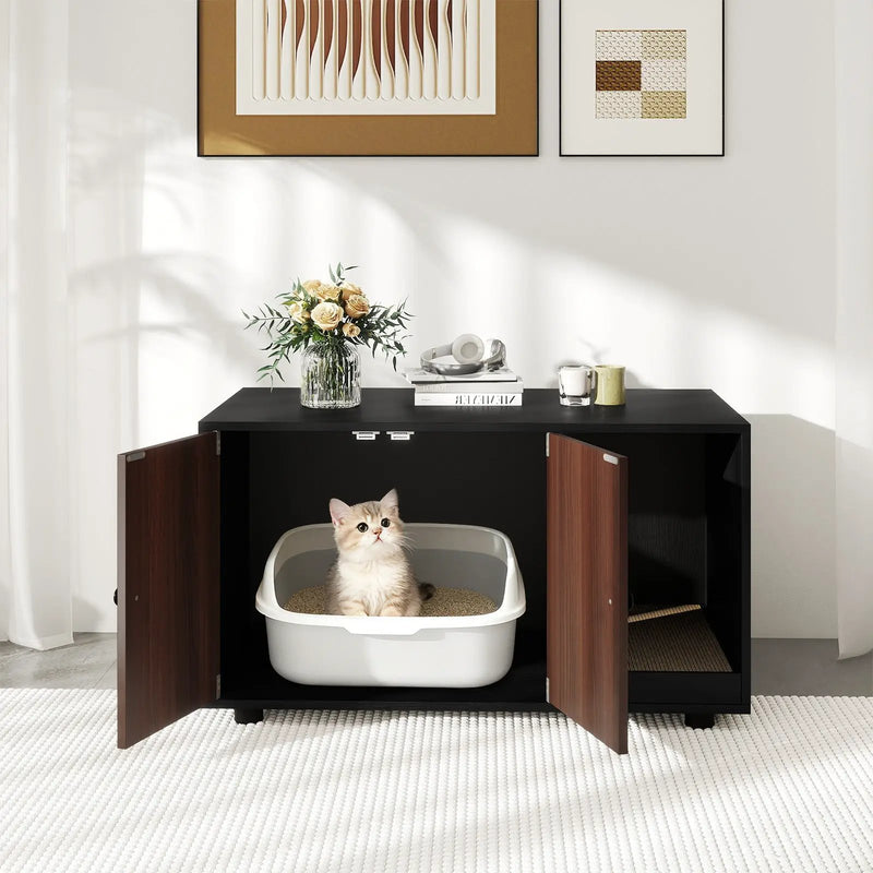 Wooden Cat Litter Box Enclosure Hidden Litter Box Furniture with Scratching Board by DirectDeals
