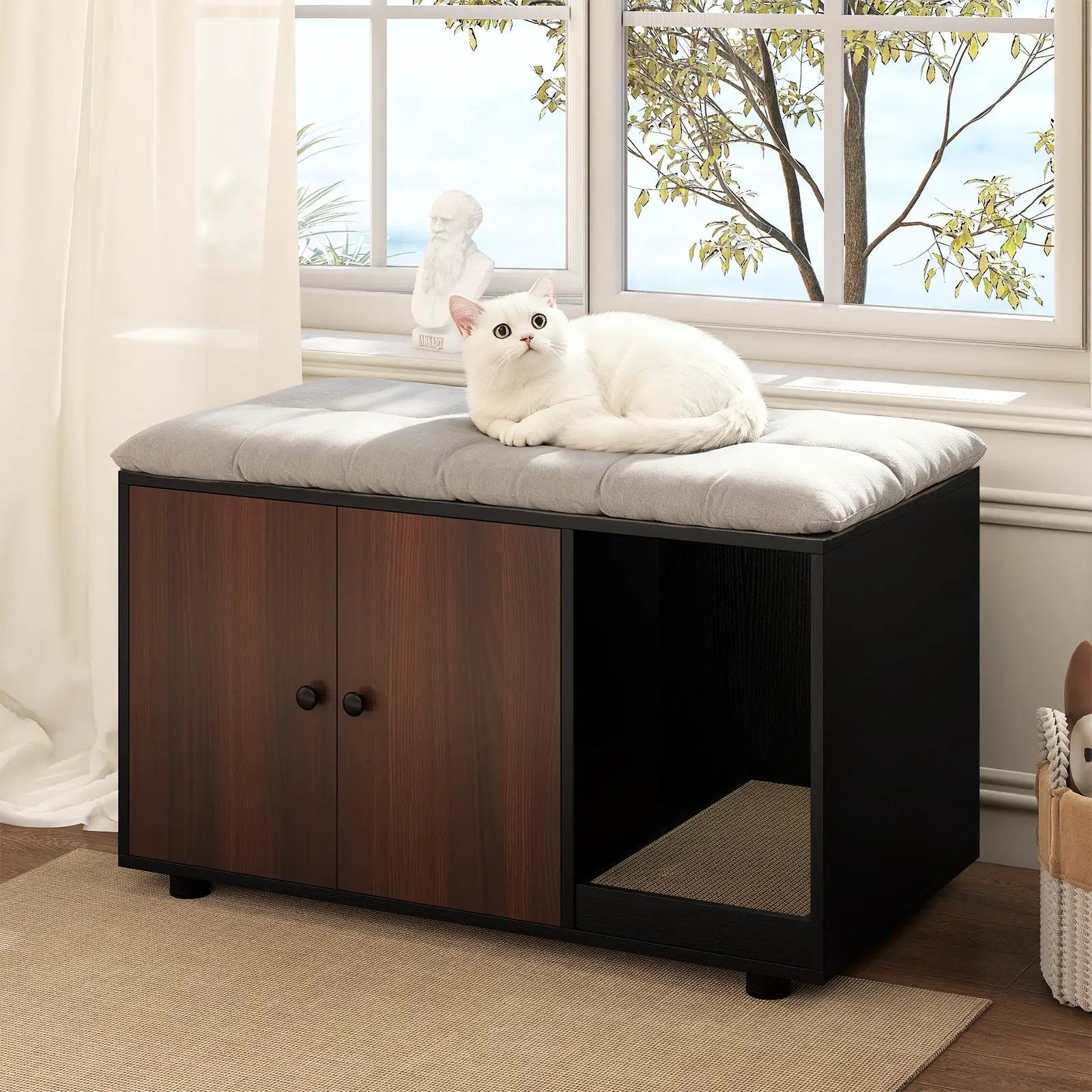 Wooden Cat Litter Box Enclosure Hidden Litter Box Furniture with Scratching Board by DirectDeals