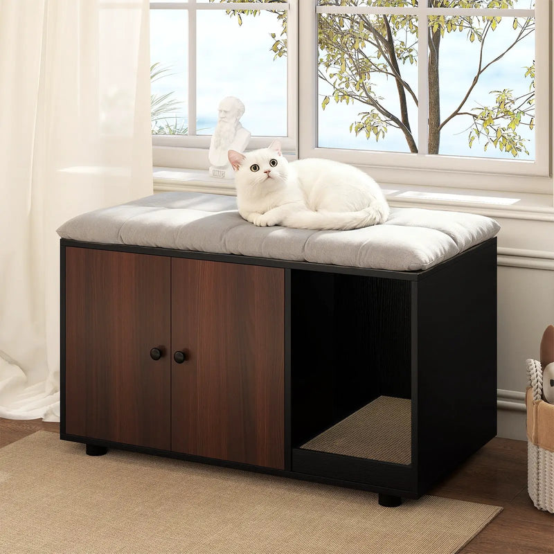 Wooden Cat Litter Box Enclosure Hidden Litter Box Furniture with Scratching Board by DirectDeals
