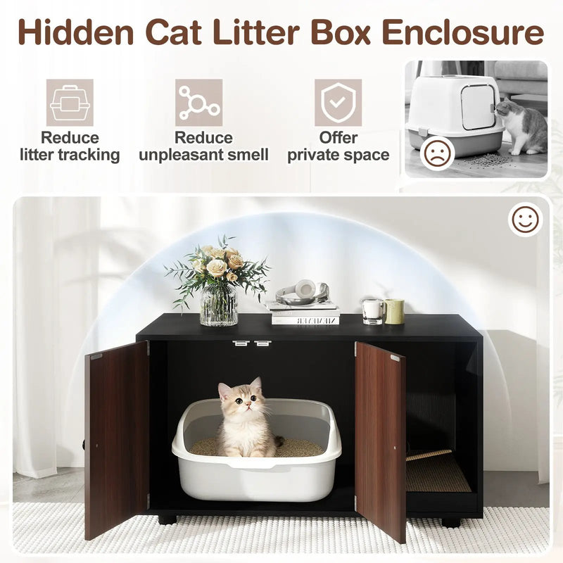 Wooden Cat Litter Box Enclosure Hidden Litter Box Furniture with Scratching Board by DirectDeals
