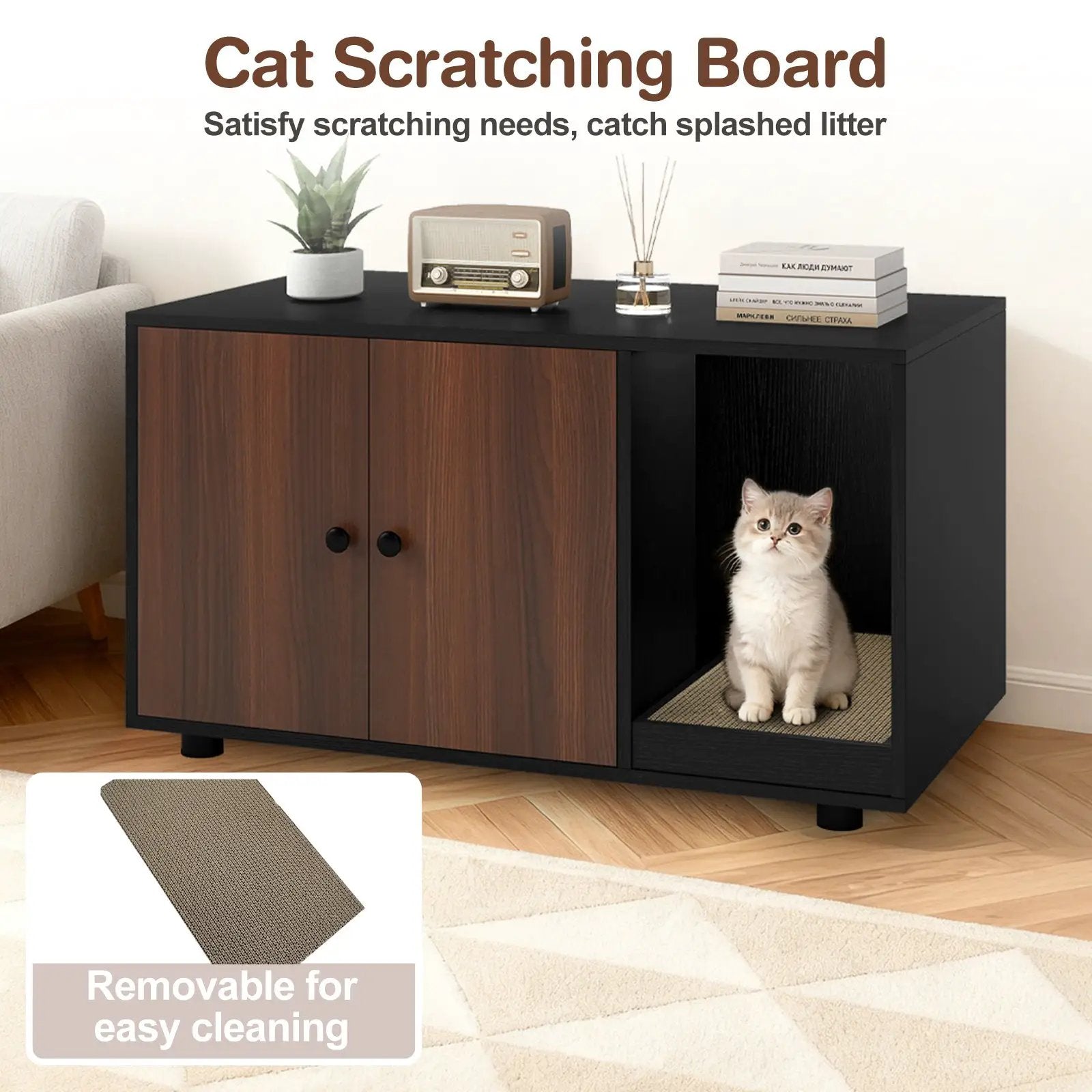 Wooden Cat Litter Box Enclosure Hidden Litter Box Furniture with Scratching Board by DirectDeals