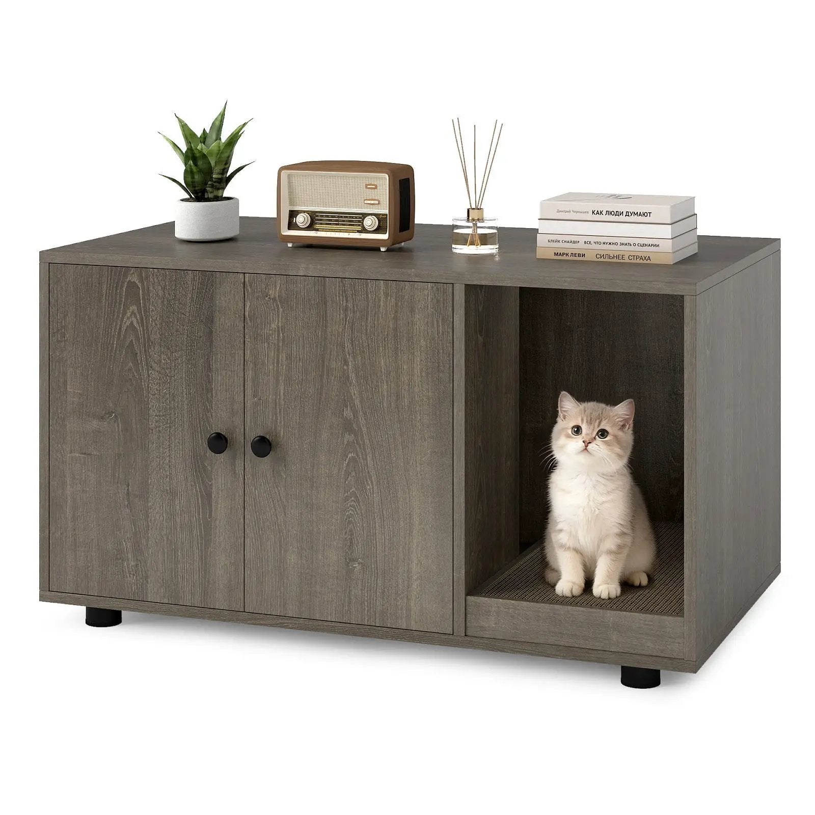 Wooden Cat Litter Box Enclosure Hidden Litter Box Furniture with Scratching Board by DirectDeals