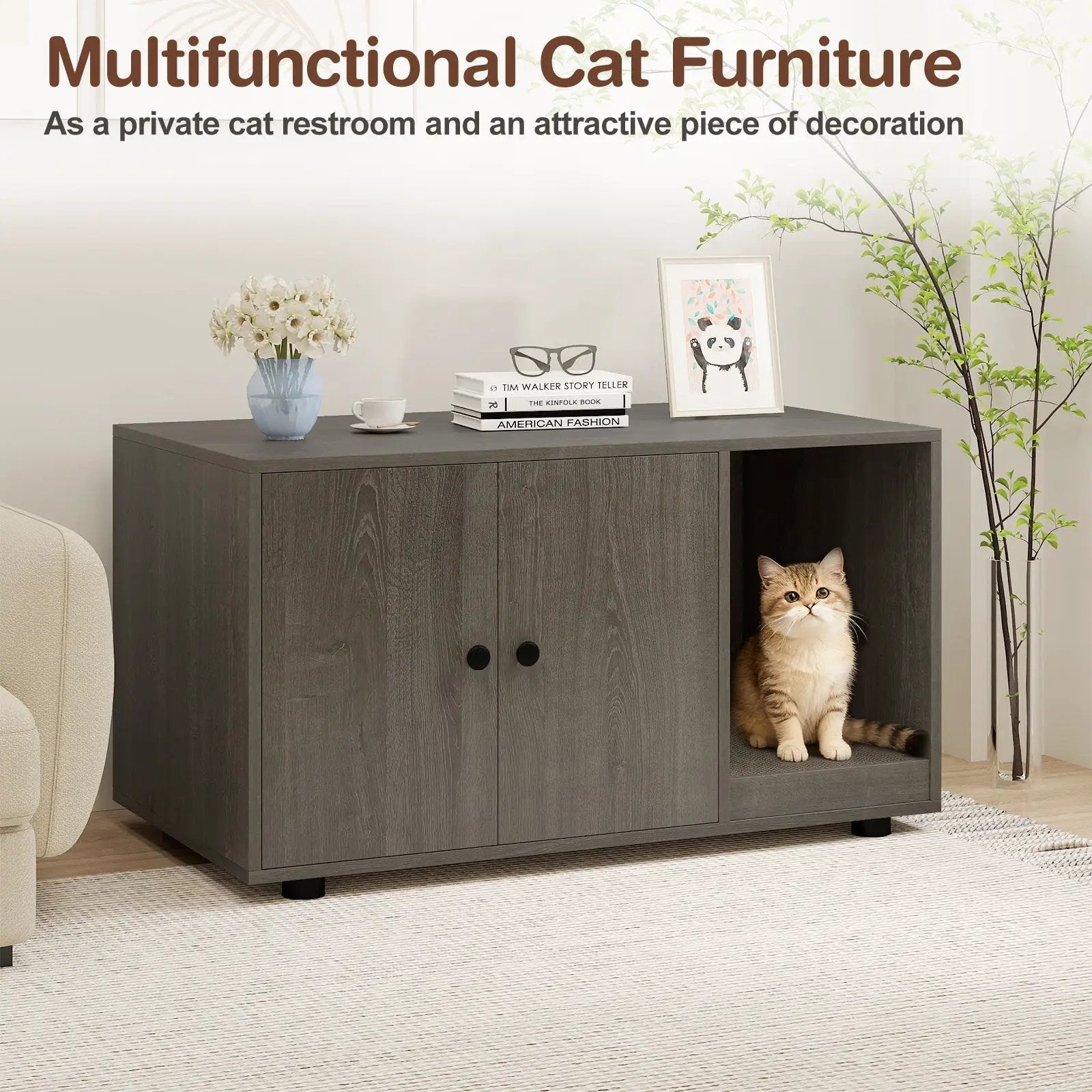 Wooden Cat Litter Box Enclosure Hidden Litter Box Furniture with Scratching Board by DirectDeals