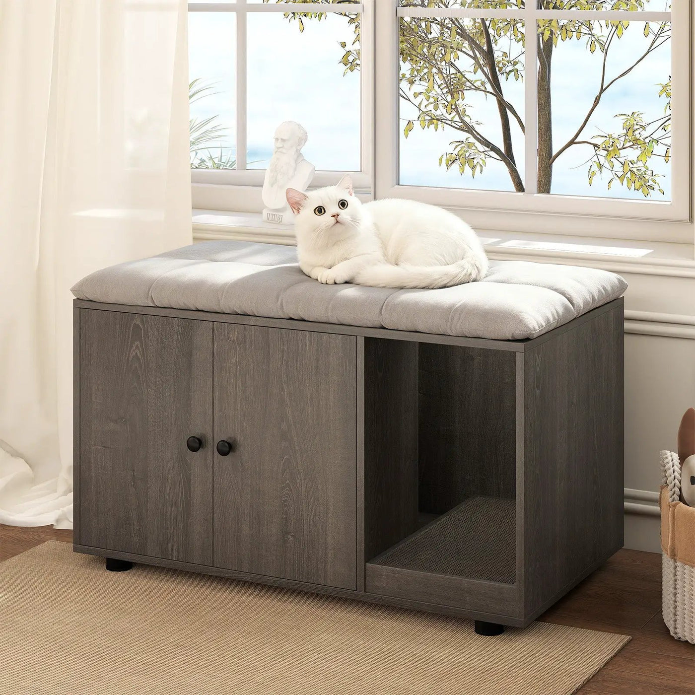 Wooden Cat Litter Box Enclosure Hidden Litter Box Furniture with Scratching Board by DirectDeals