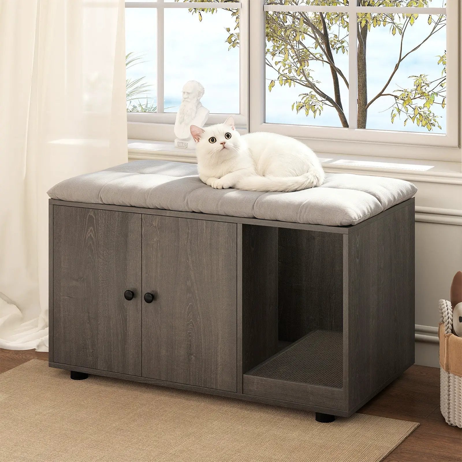 Wooden Cat Litter Box Enclosure Hidden Litter Box Furniture with Scratching Board by DirectDeals