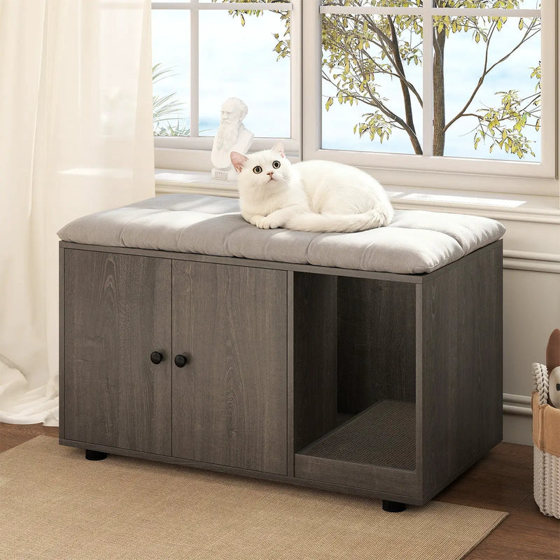 Wooden Cat Litter Box Enclosure Hidden Litter Box Furniture with Scratching Board by DirectDeals