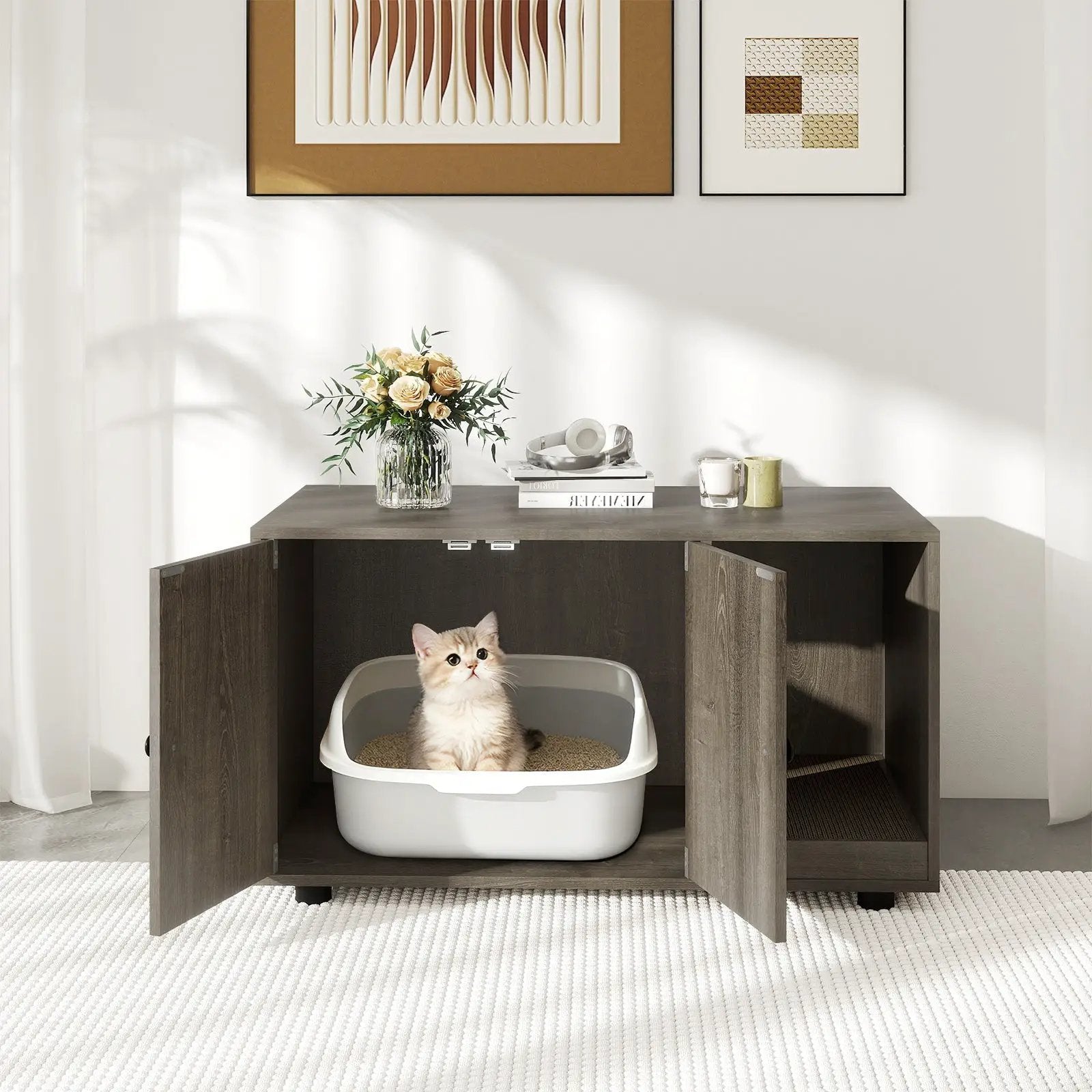 Wooden Cat Litter Box Enclosure Hidden Litter Box Furniture with Scratching Board by DirectDeals