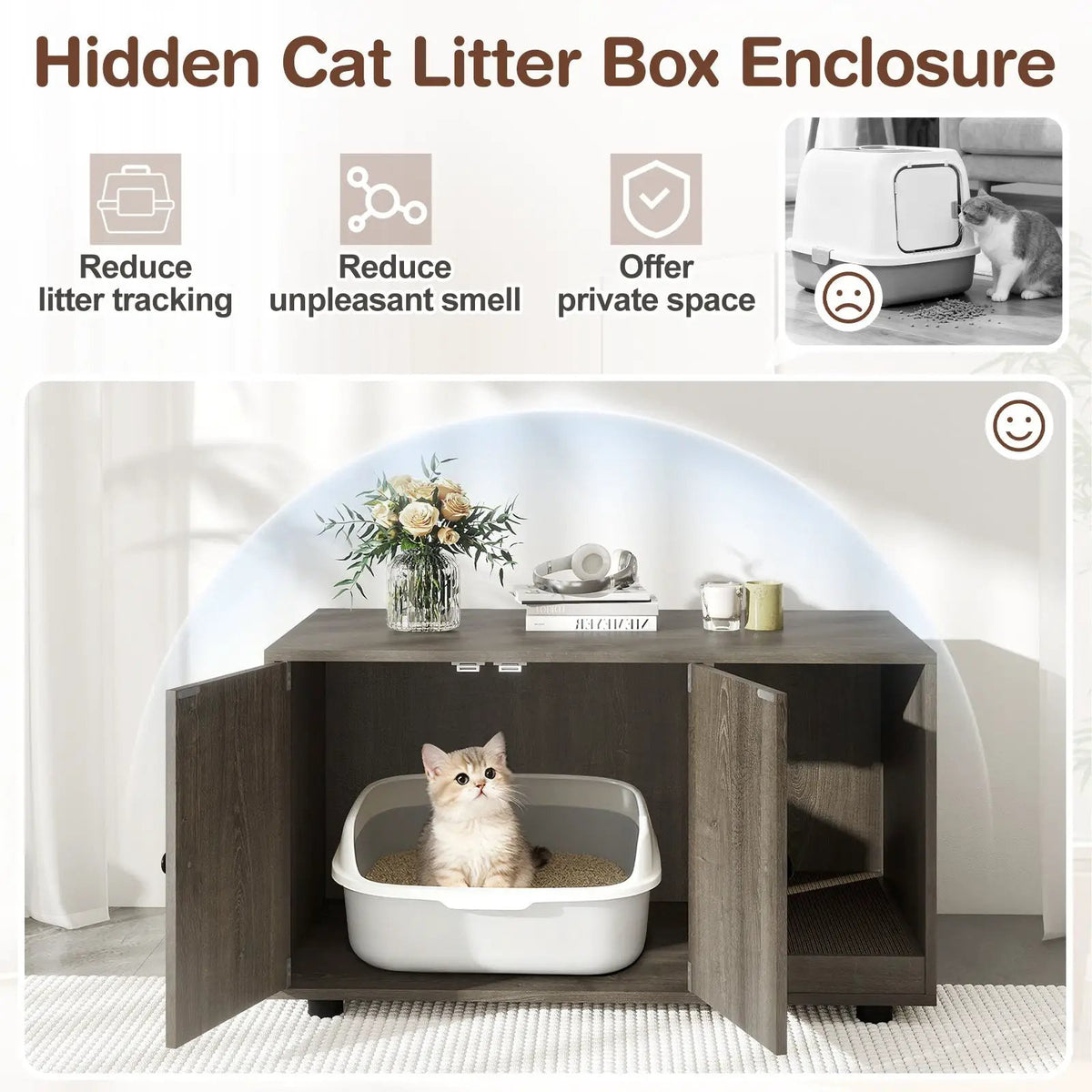 Wooden Cat Litter Box Enclosure Hidden Litter Box Furniture with Scratching Board by DirectDeals