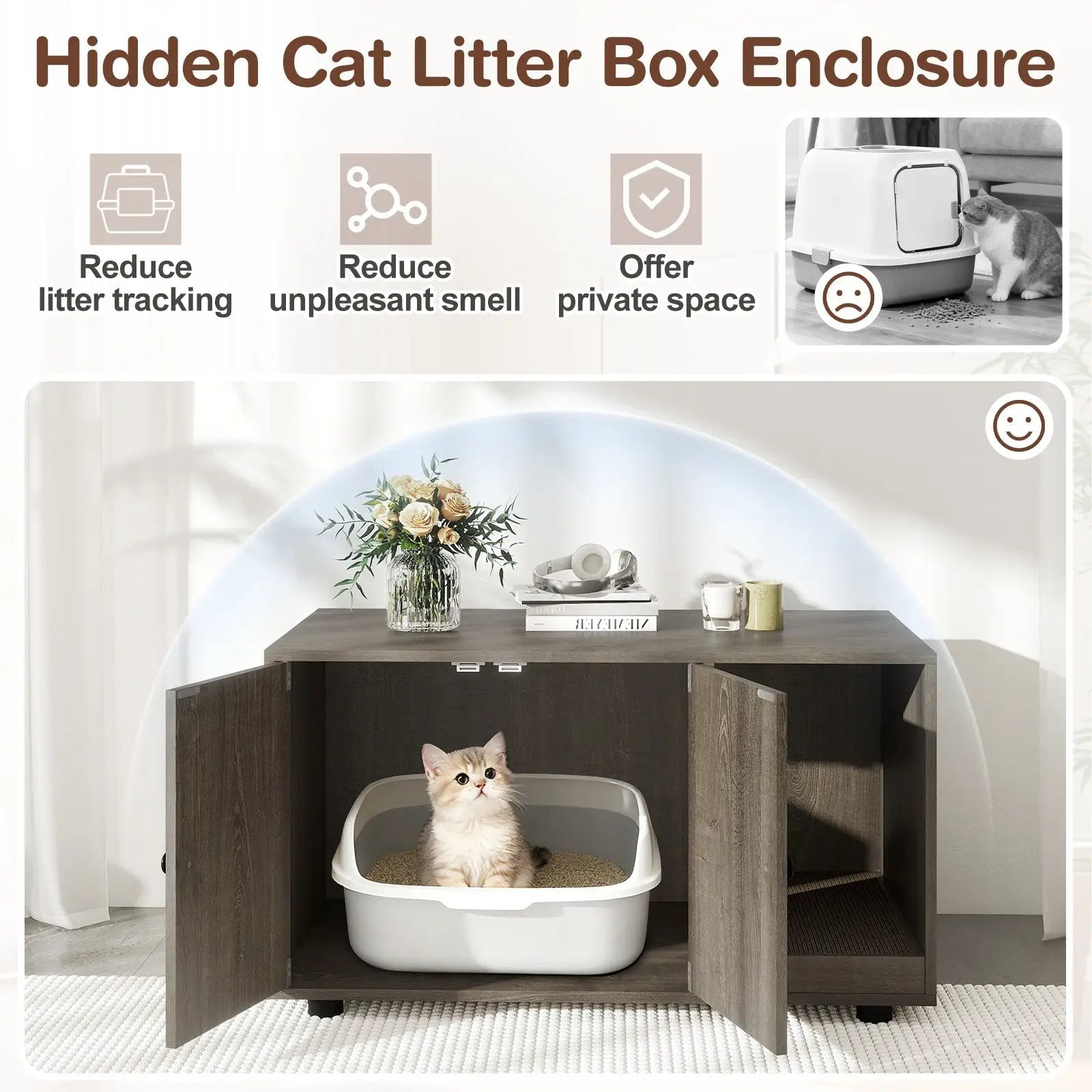 Wooden Cat Litter Box Enclosure Hidden Litter Box Furniture with Scratching Board by DirectDeals