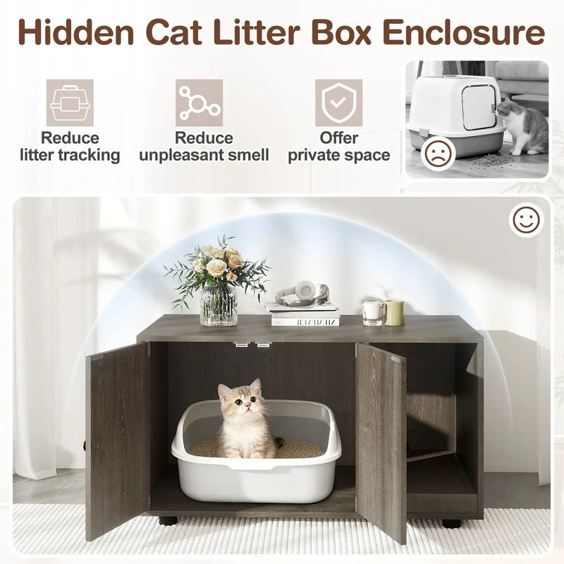 Wooden Cat Litter Box Enclosure Hidden Litter Box Furniture with Scratching Board by DirectDeals