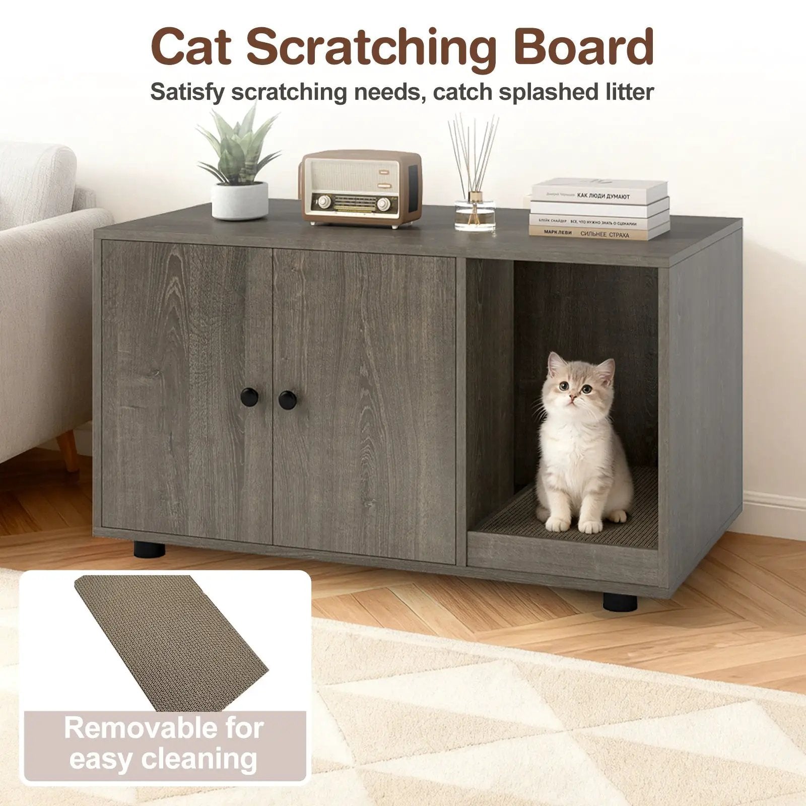 Wooden Cat Litter Box Enclosure Hidden Litter Box Furniture with Scratching Board by DirectDeals