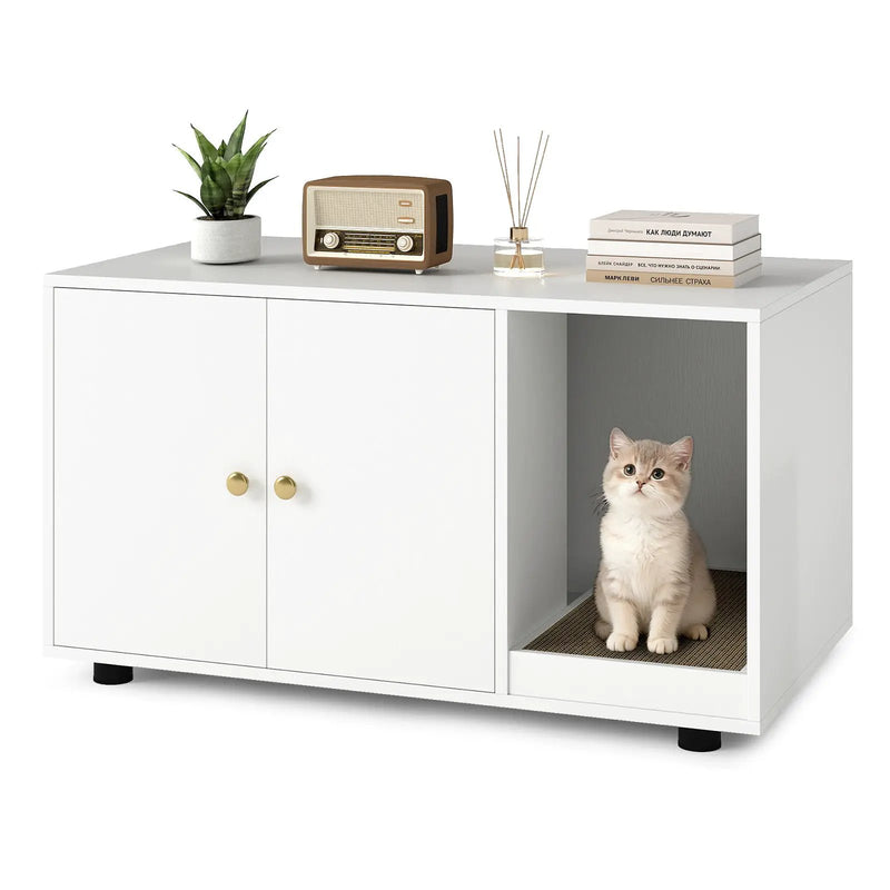 Wooden Cat Litter Box Enclosure Hidden Litter Box Furniture with Scratching Board by DirectDeals