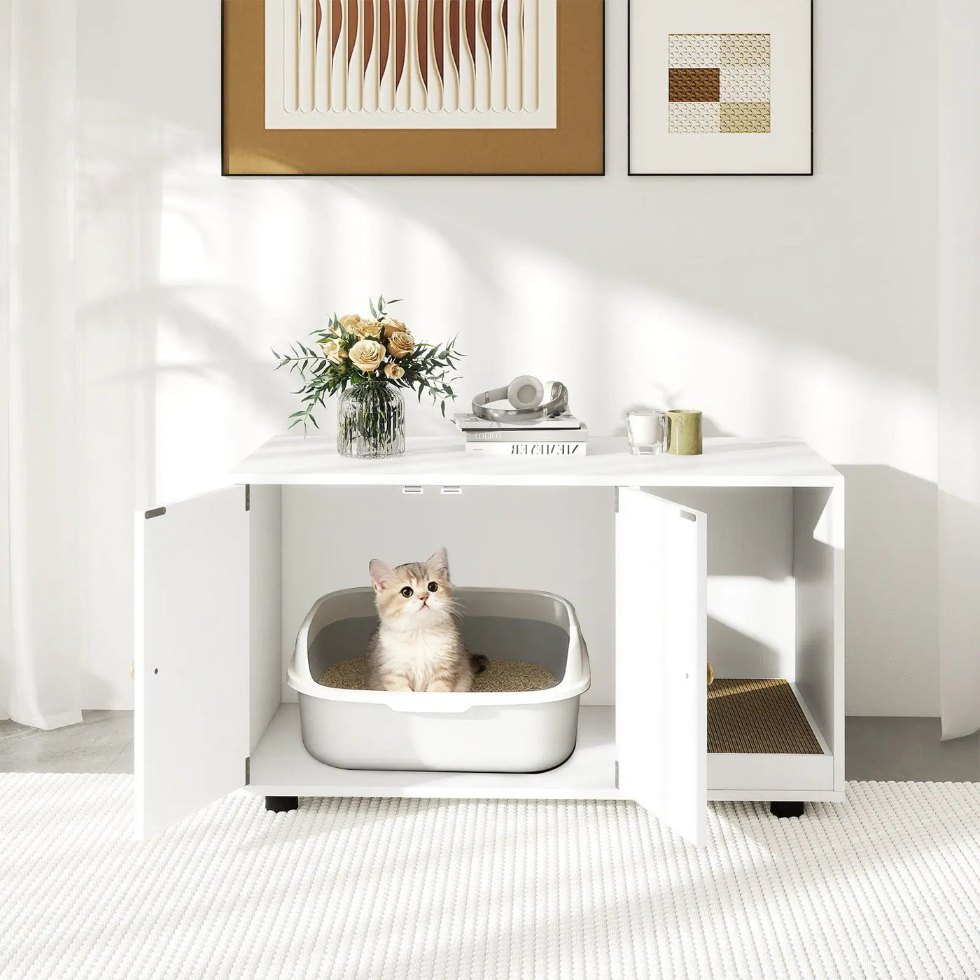 Wooden Cat Litter Box Enclosure Hidden Litter Box Furniture with Scratching Board by DirectDeals