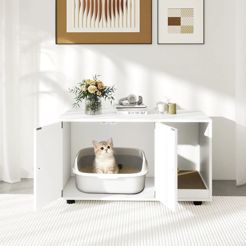 Wooden Cat Litter Box Enclosure Hidden Litter Box Furniture with Scratching Board by DirectDeals