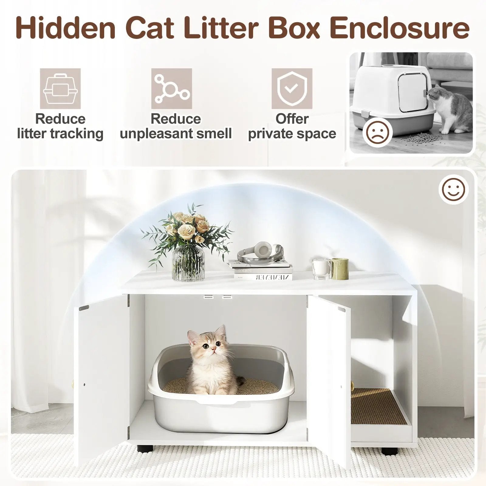 Wooden Cat Litter Box Enclosure Hidden Litter Box Furniture with Scratching Board by DirectDeals