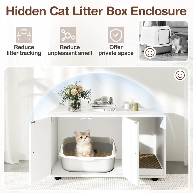 Wooden Cat Litter Box Enclosure Hidden Litter Box Furniture with Scratching Board by DirectDeals