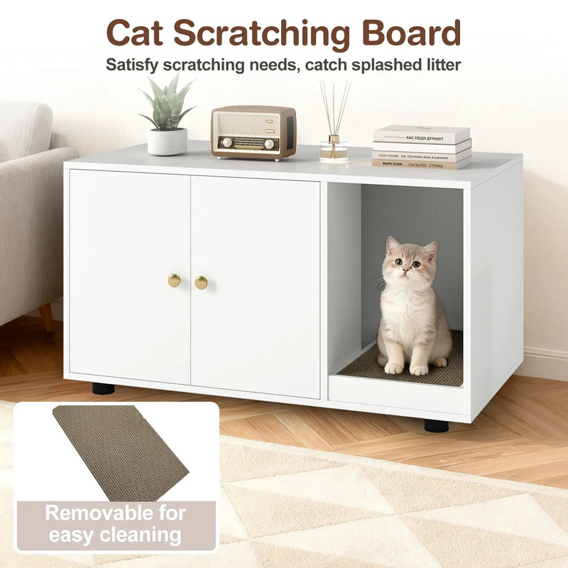 Wooden Cat Litter Box Enclosure Hidden Litter Box Furniture with Scratching Board by DirectDeals