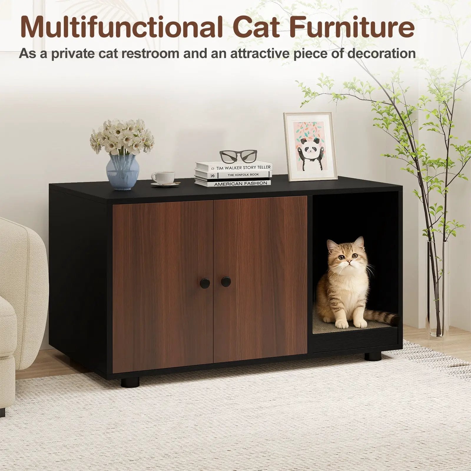 Wooden Cat Litter Box Enclosure Hidden Litter Box Furniture with Scratching Board by DirectDeals