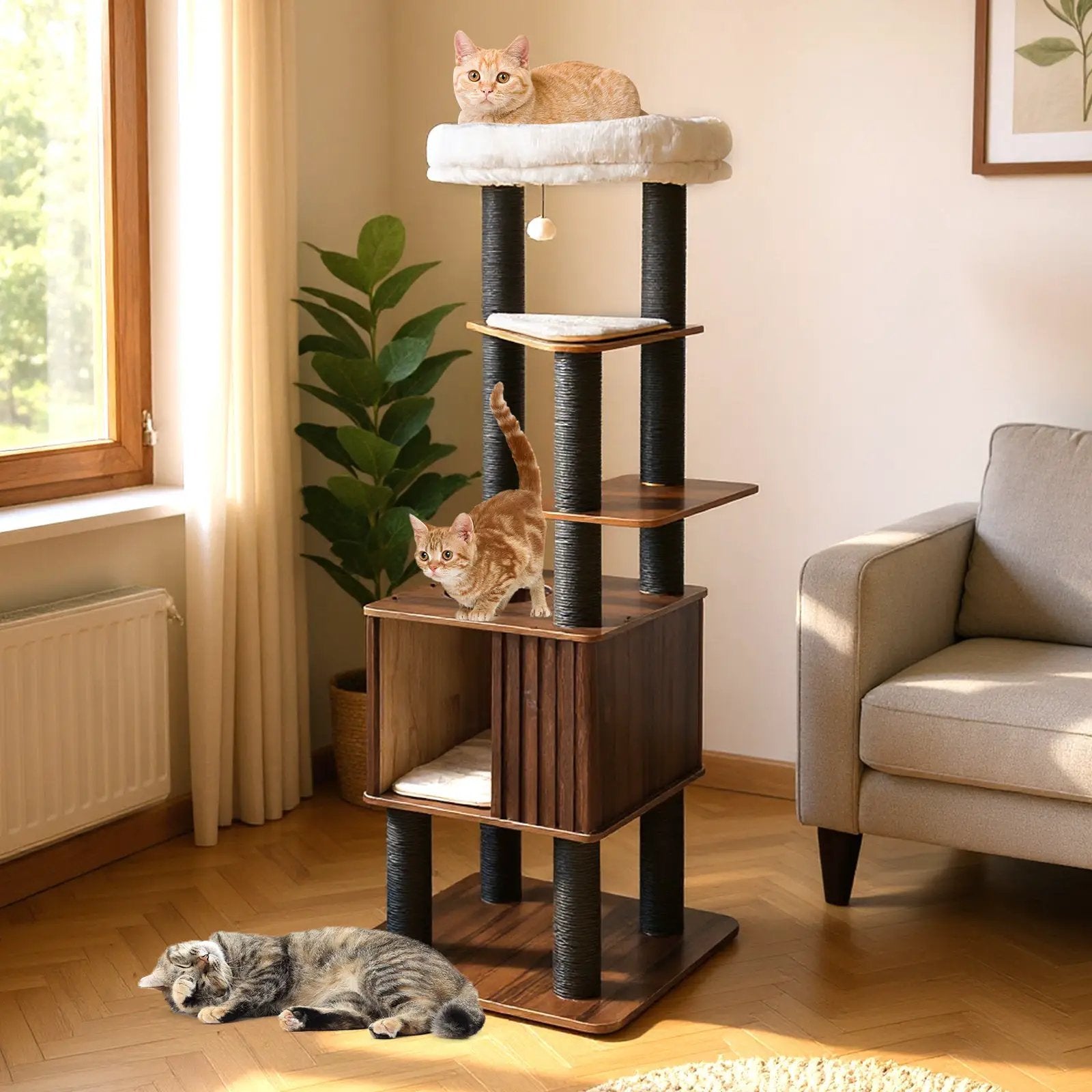 Wooden Cat Tower Top Perch with Soft Padding-Brown by DirectDeals