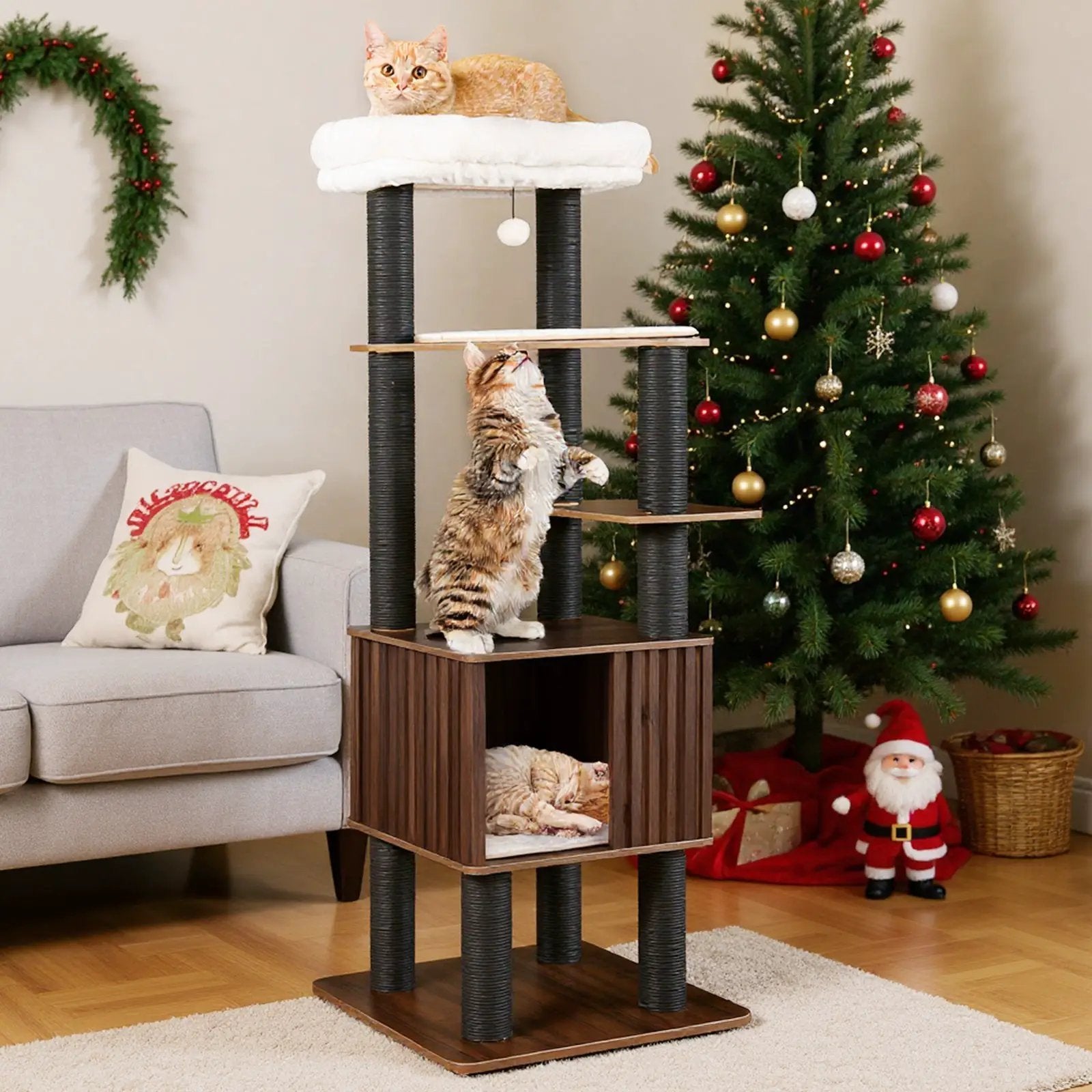 Wooden Cat Tower Top Perch with Soft Padding-Brown by DirectDeals