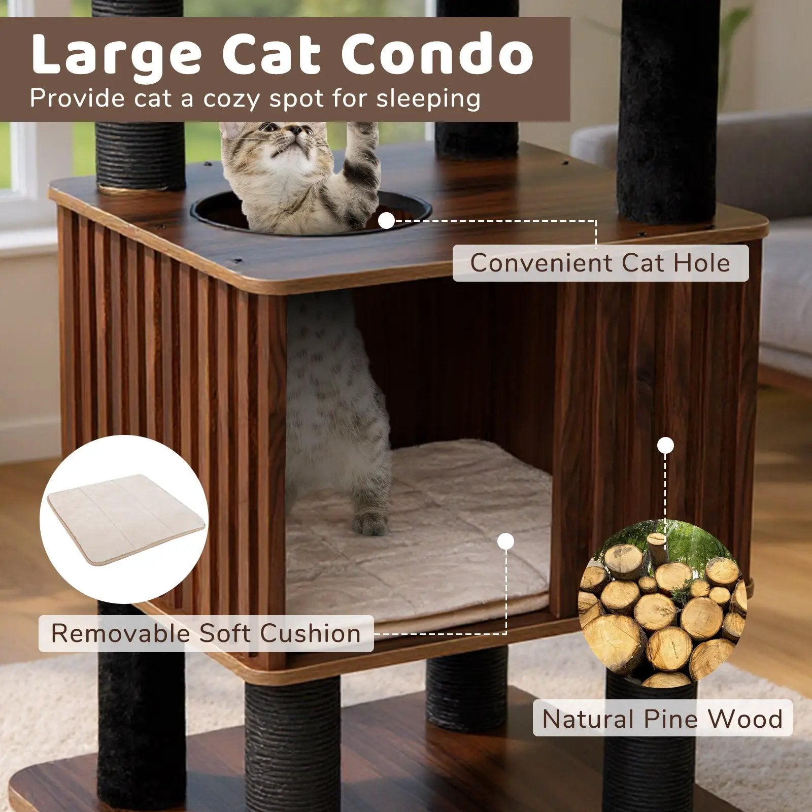 Wooden Cat Tower Top Perch with Soft Padding-Brown by DirectDeals