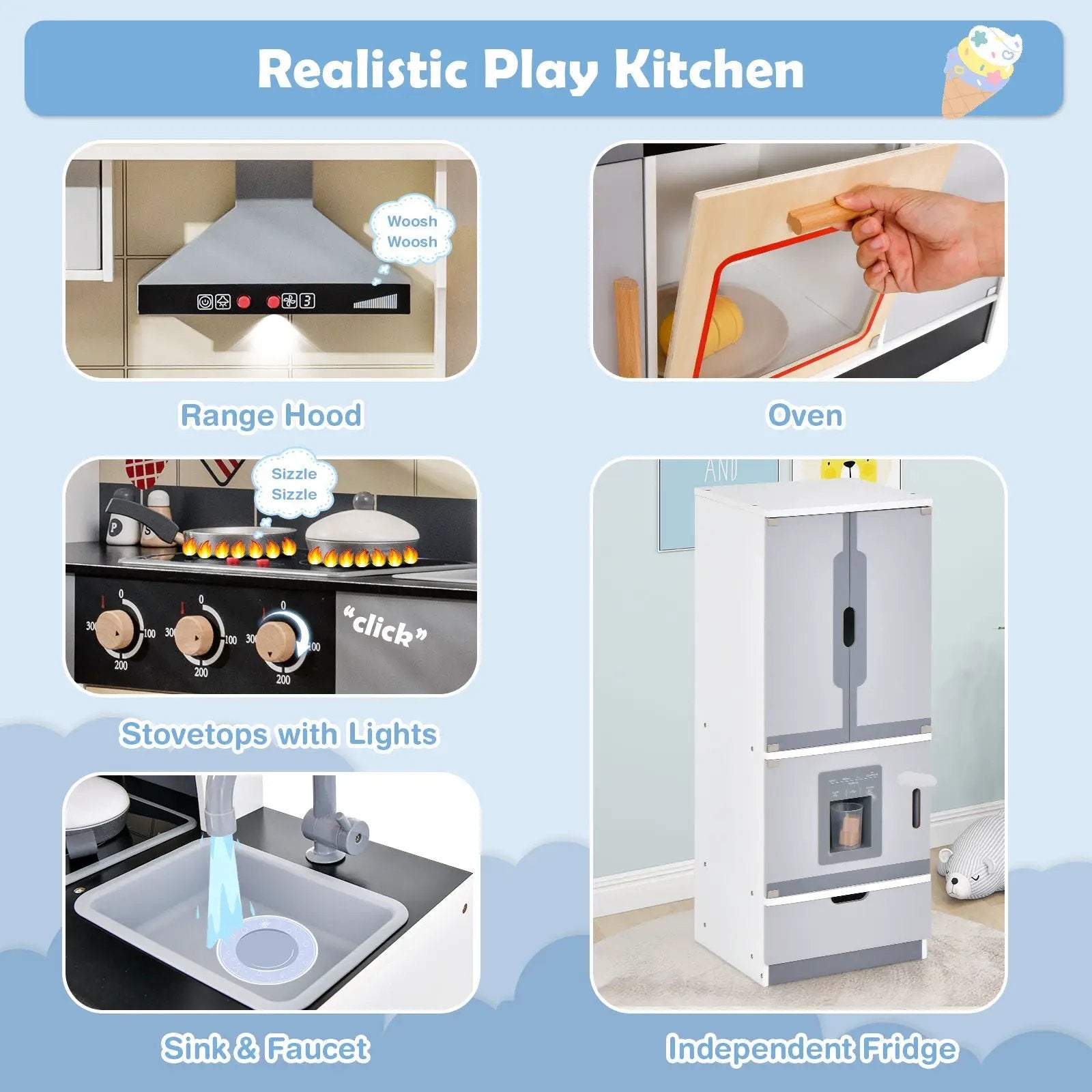 Wooden Chef Play Kitchen and Refrigerator with Realistic Range Hood and Roaster by DirectDeals