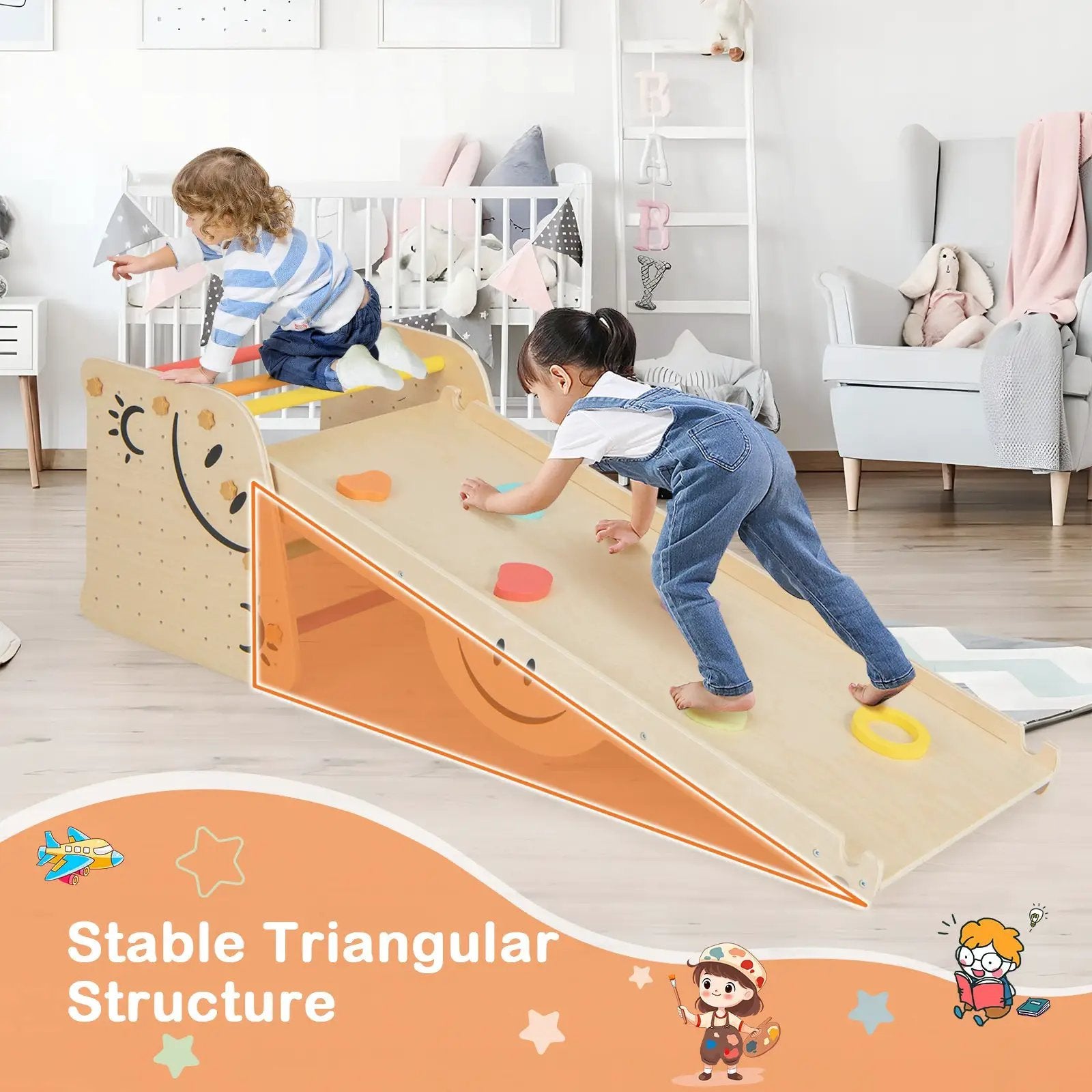 Wooden Climbing Toy Triangle Climber Set with Seesaw-Multicolor by DirectDeals