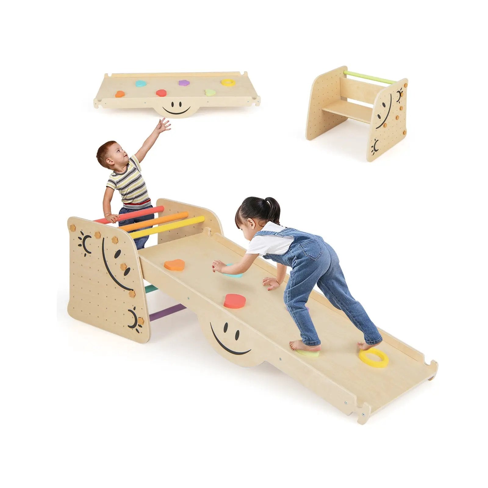 Wooden Climbing Toy Triangle Climber Set with Seesaw-Multicolor by DirectDeals