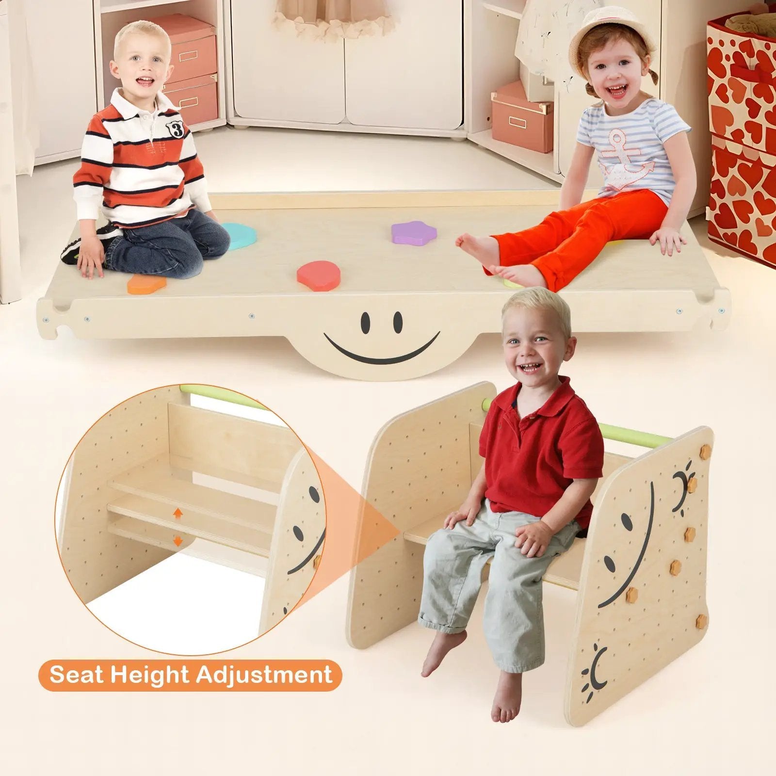 Wooden Climbing Toy Triangle Climber Set with Seesaw-Multicolor by DirectDeals