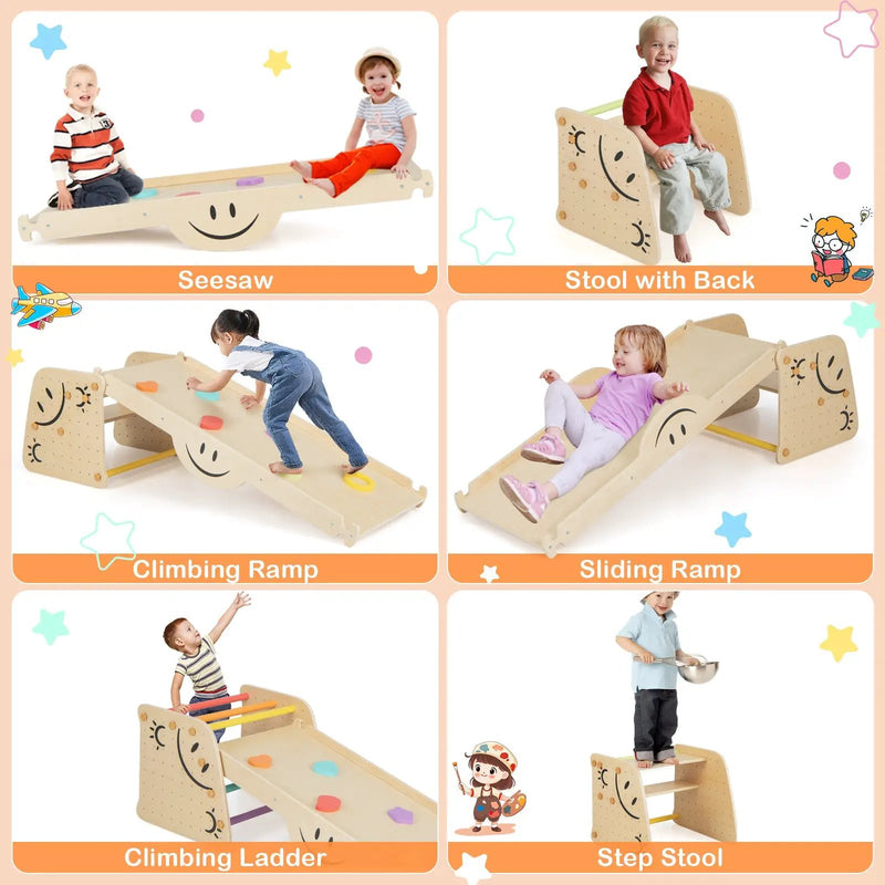 Wooden Climbing Toy Triangle Climber Set with Seesaw-Multicolor by DirectDeals
