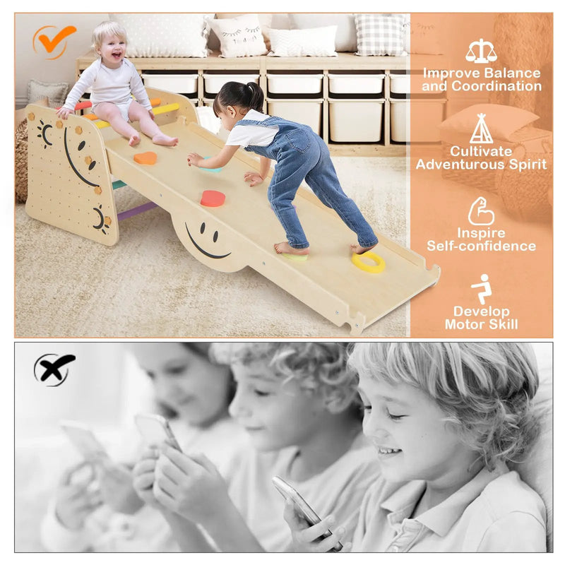 Wooden Climbing Toy Triangle Climber Set with Seesaw-Multicolor by DirectDeals