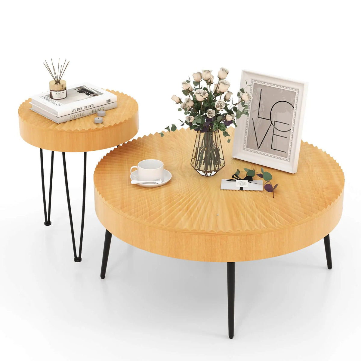 2 Set of Wooden Coffee Table with Metal Legs and Adjustable Foot Pads by DirectDeals