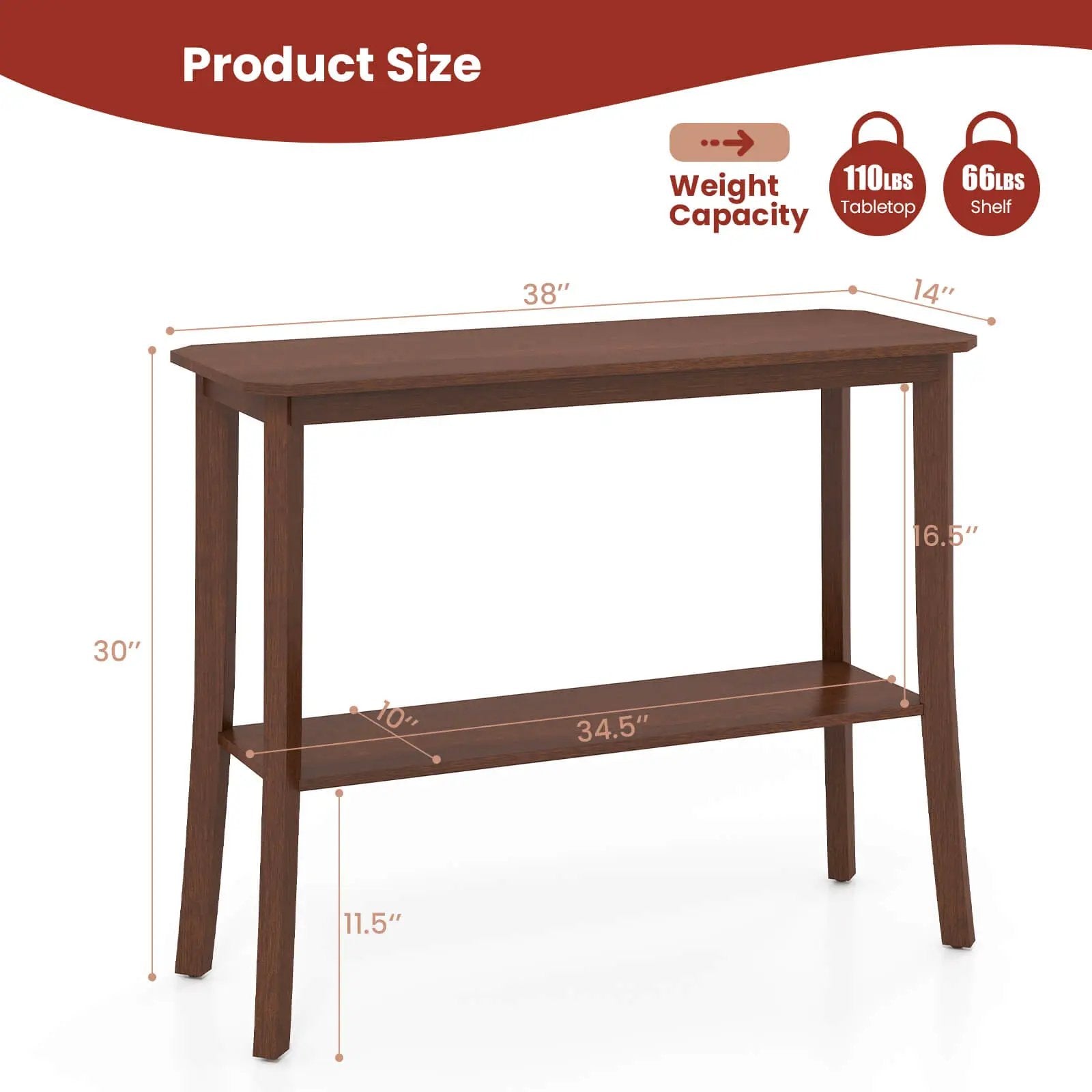 2-Tier Freestanding Wooden Console Table with Open Shelf by DirectDeals
