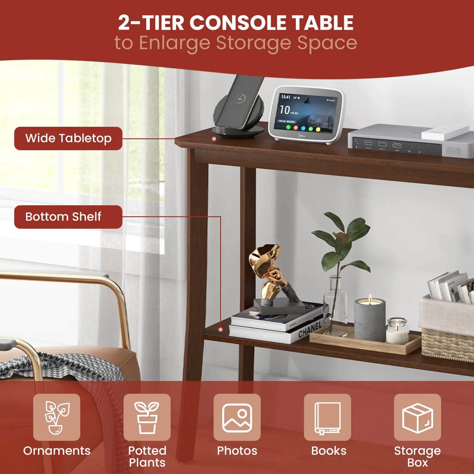 2-Tier Freestanding Wooden Console Table with Open Shelf by DirectDeals