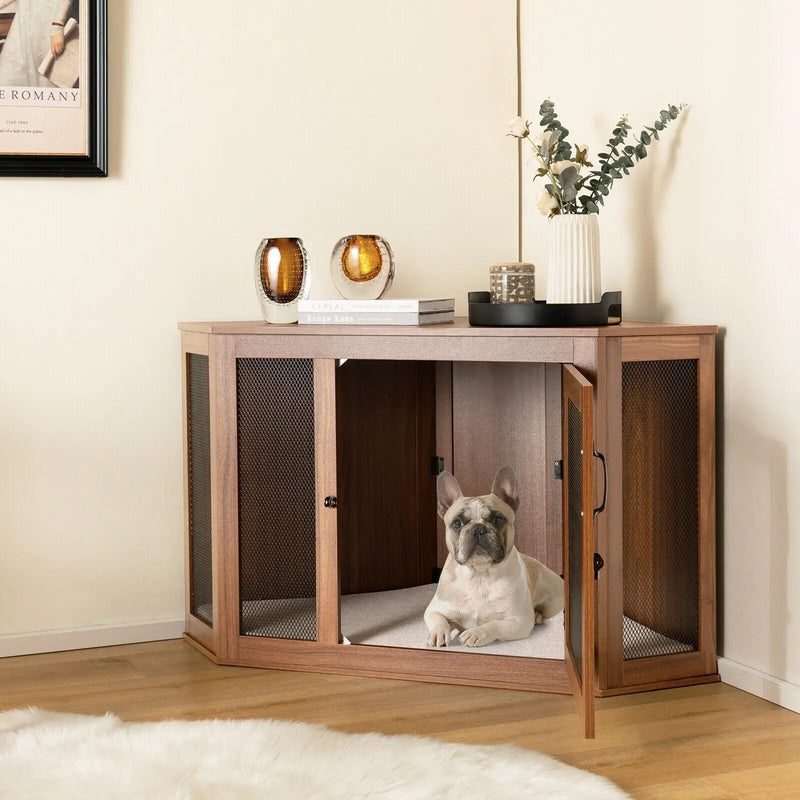 Corner Dog Kennel with Mesh Door and Cushion-Brown by DirectDeals