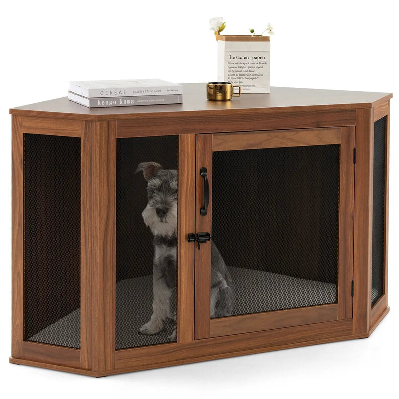 Corner Dog Kennel with Mesh Door and Cushion-Brown by DirectDeals