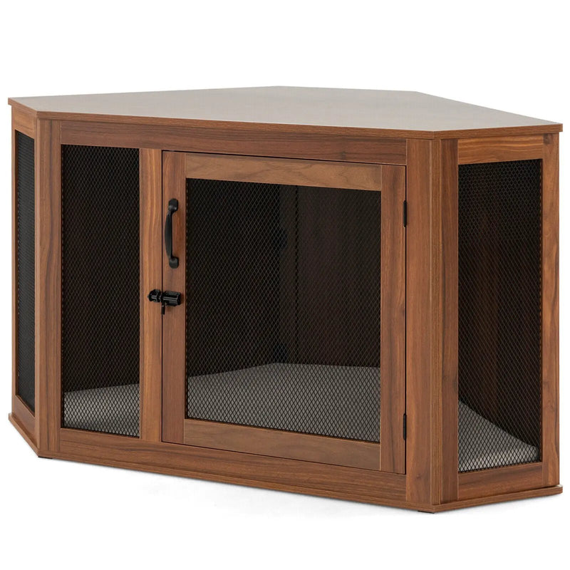 Corner Dog Kennel with Mesh Door and Cushion-Brown by DirectDeals