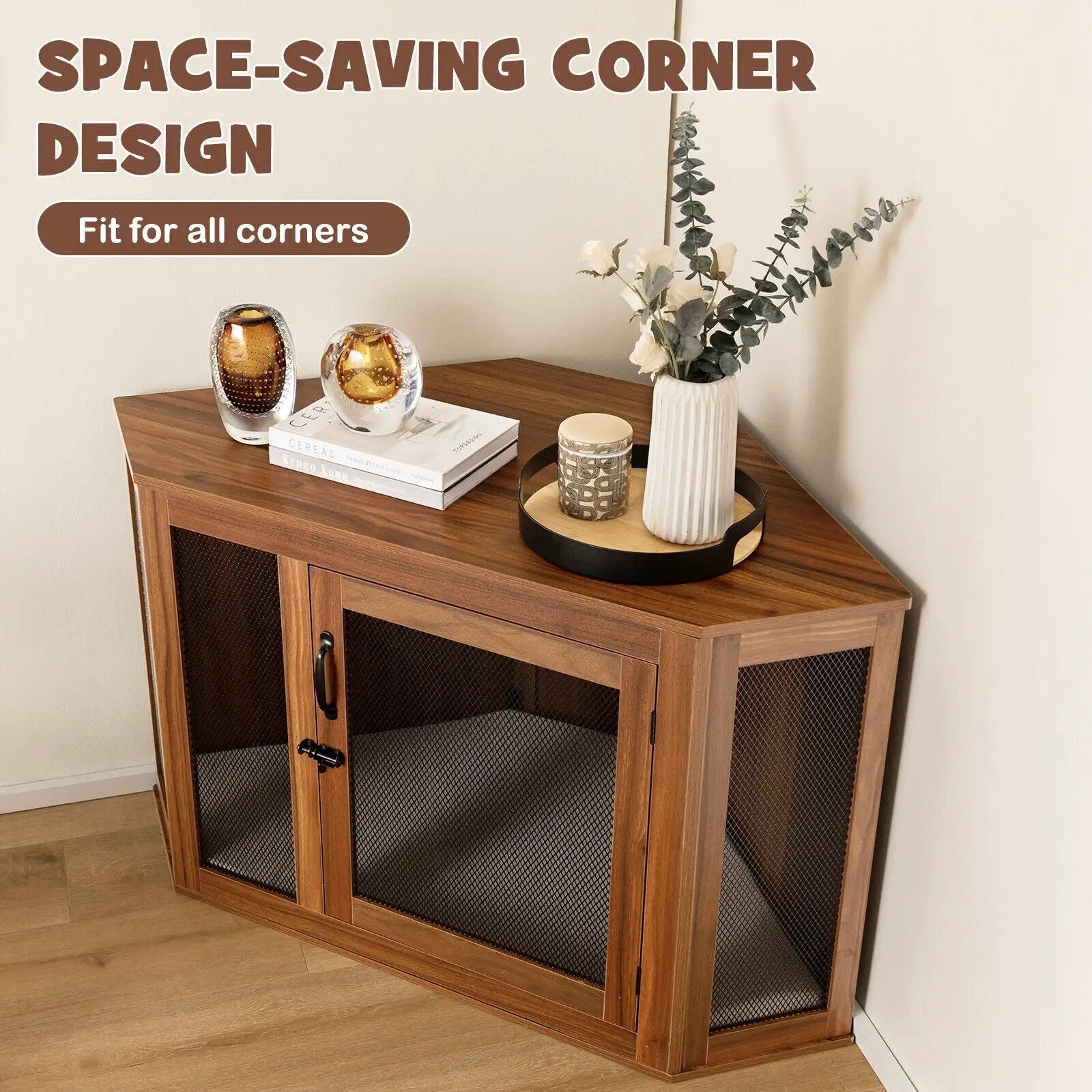 Corner Dog Kennel with Mesh Door and Cushion-Brown by DirectDeals