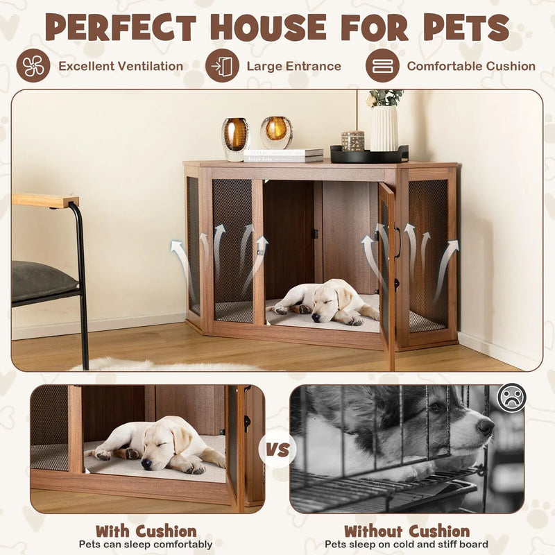 Corner Dog Kennel with Mesh Door and Cushion-Brown by DirectDeals